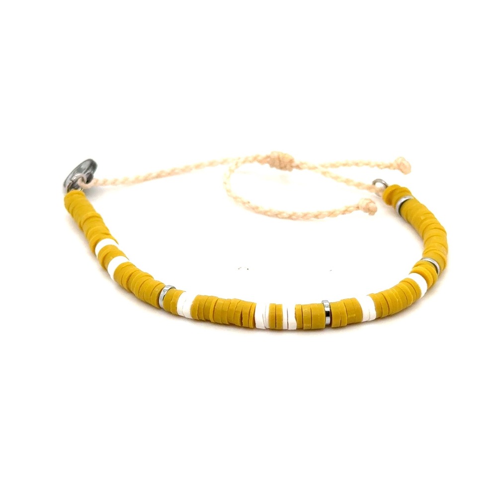 Pura Vida Yellow White Heishi Bead Adjustable Cord Bracelet Silver Tone Spacers